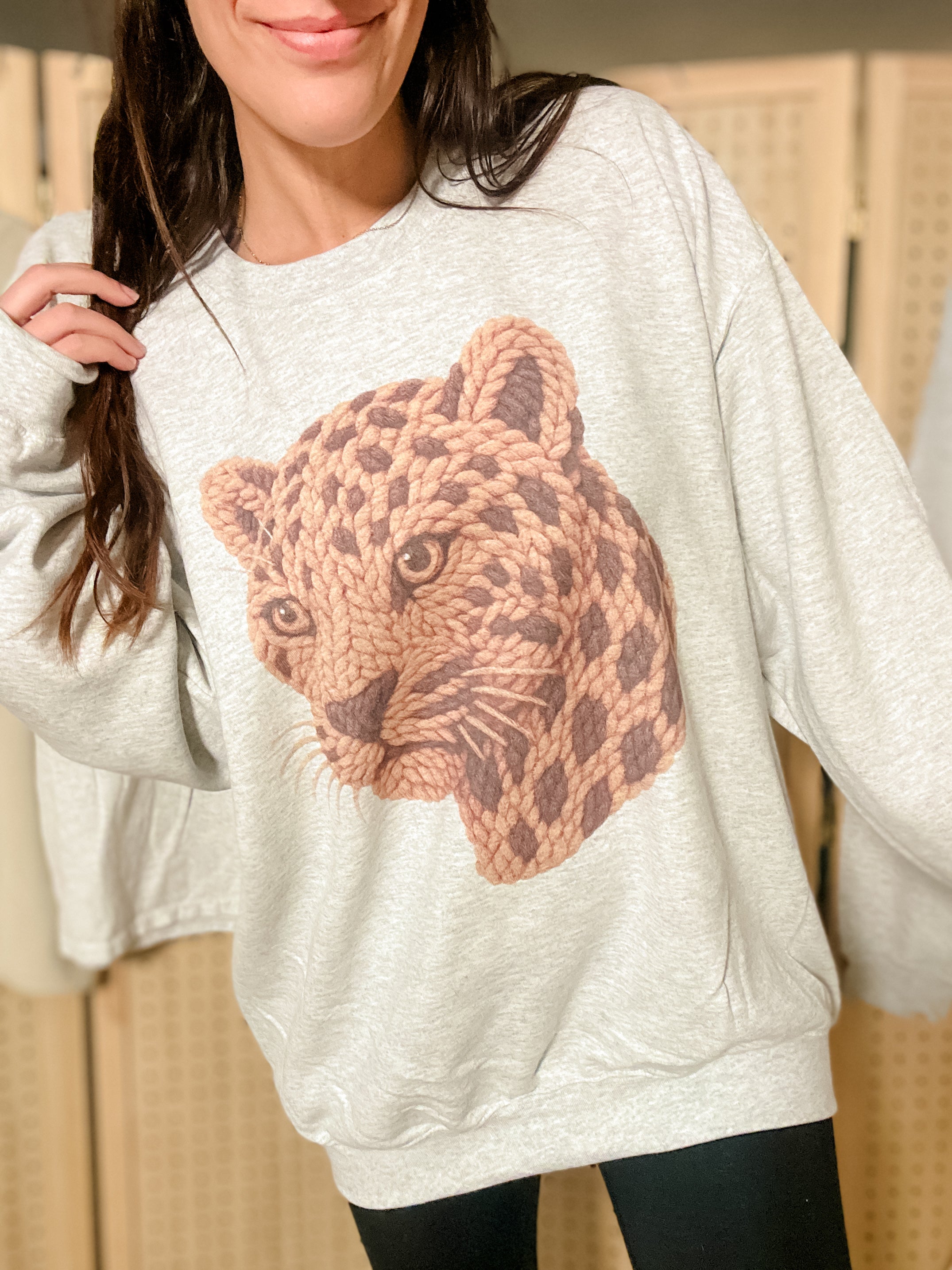 Faux Yarn Leopard Graphic Top