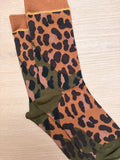 Olive Brown Leopard Print Crew Socks