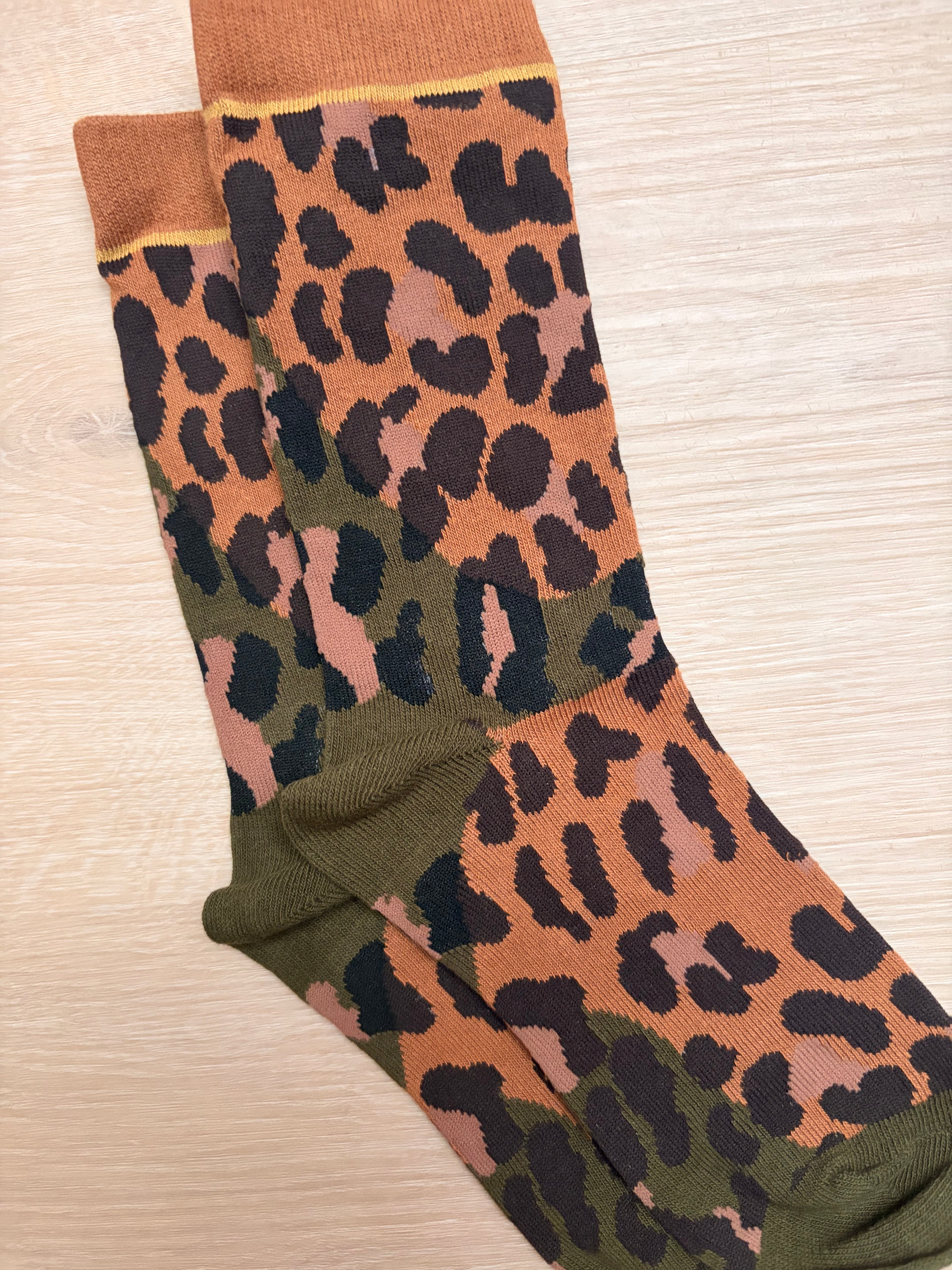 Olive Brown Leopard Print Crew Socks