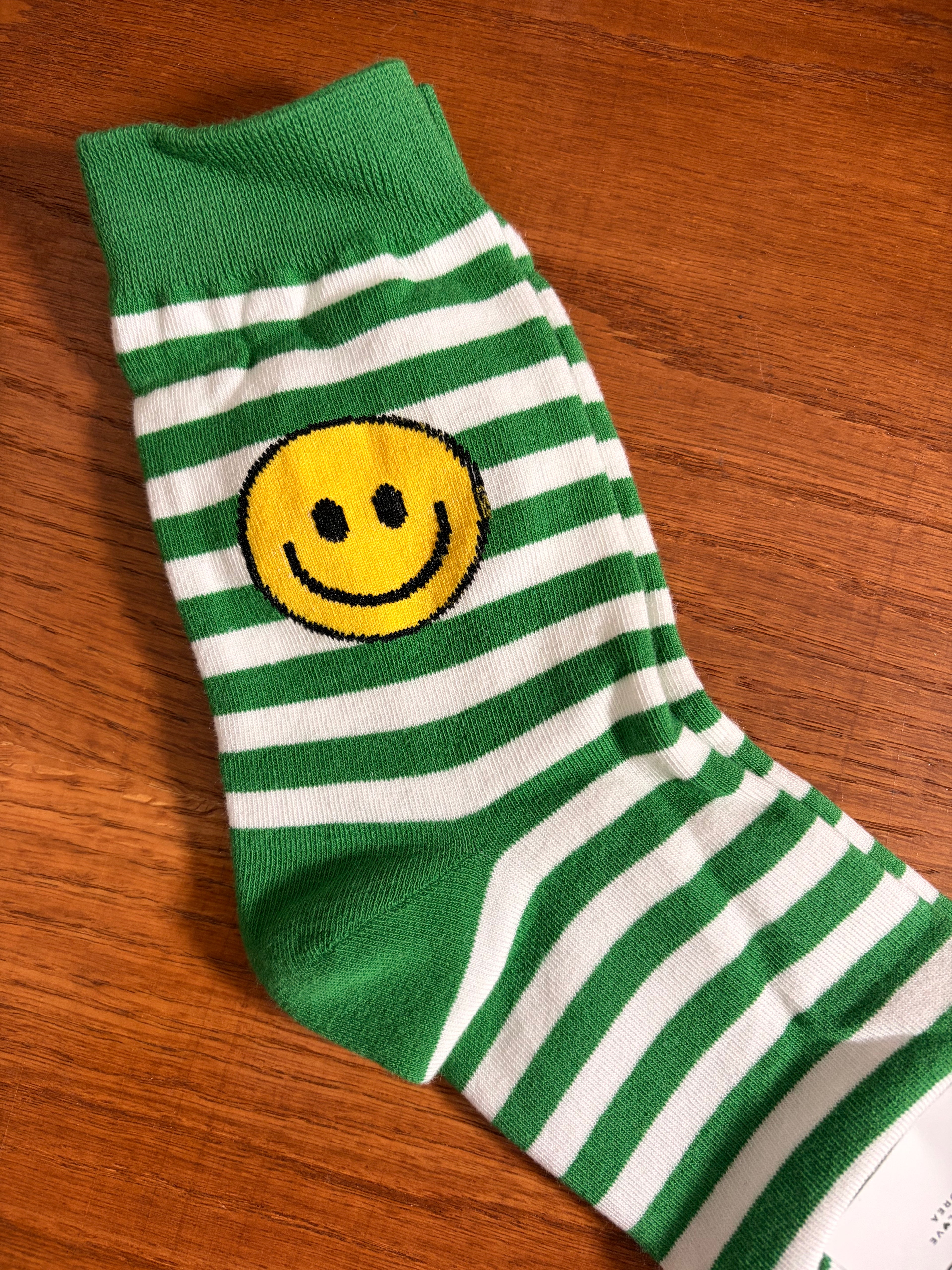 Green Stripe Smiley Crew Socks