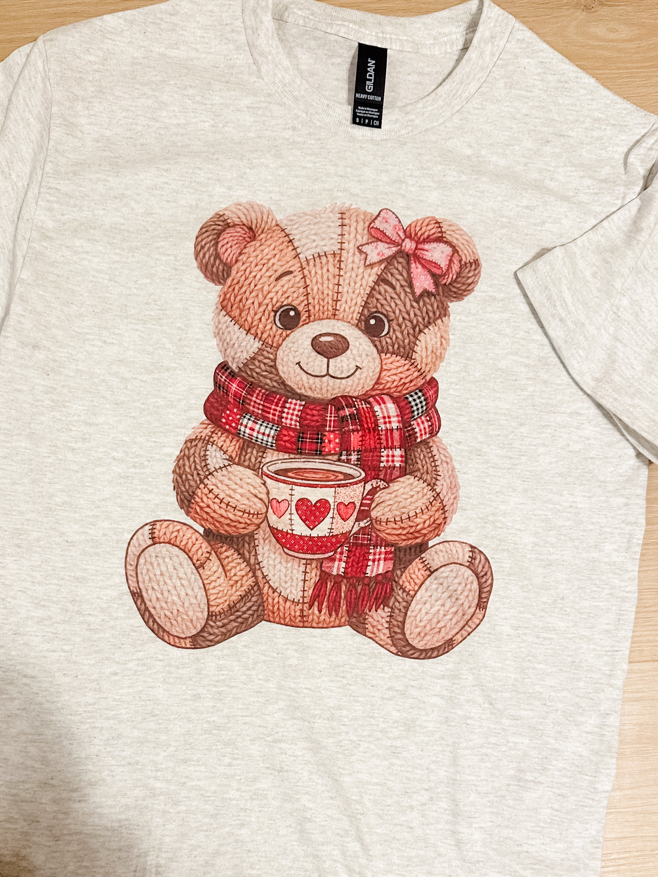 Faux Yarn Patchwork Teddy Graphic Top