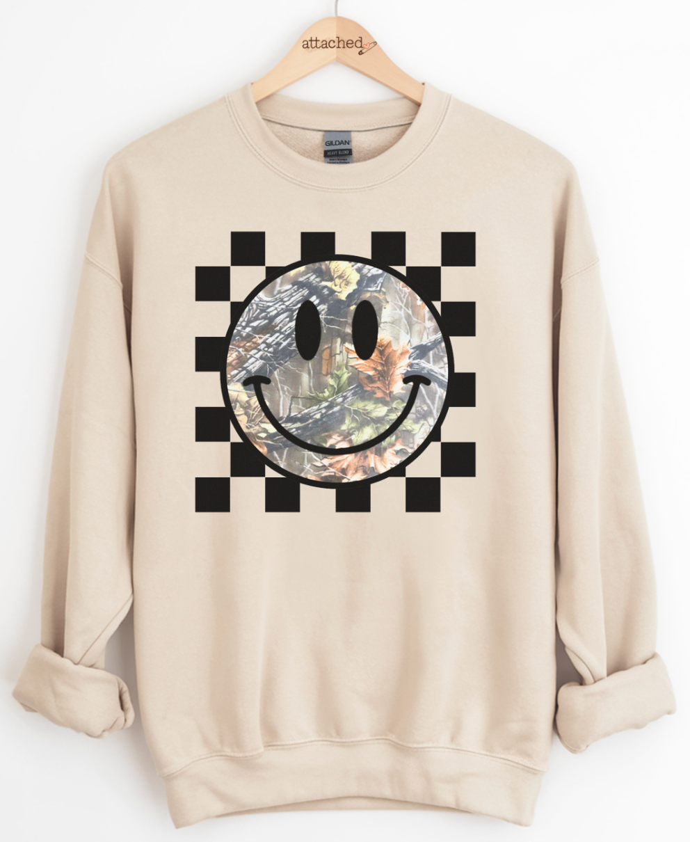 Camo Checker Smiley Graphic Top