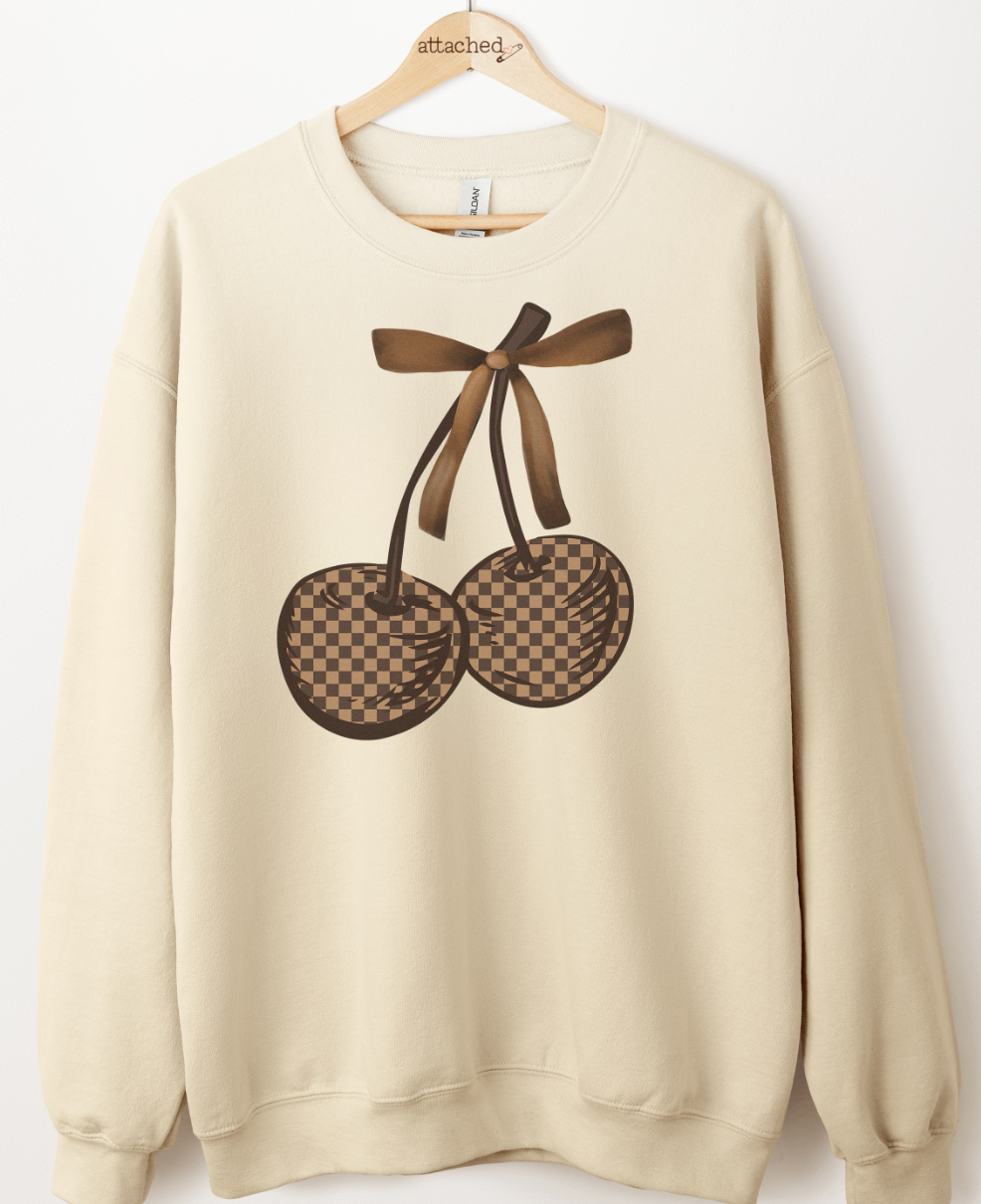 Brown Checkered Cherries Graphic Top